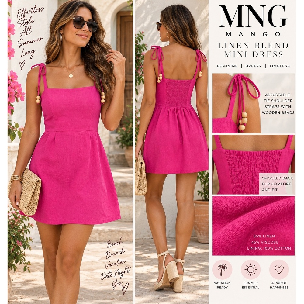 Mango MNG Womens Pink Linen Blend Beaded Strap Smocked Back Mini Dress Size S